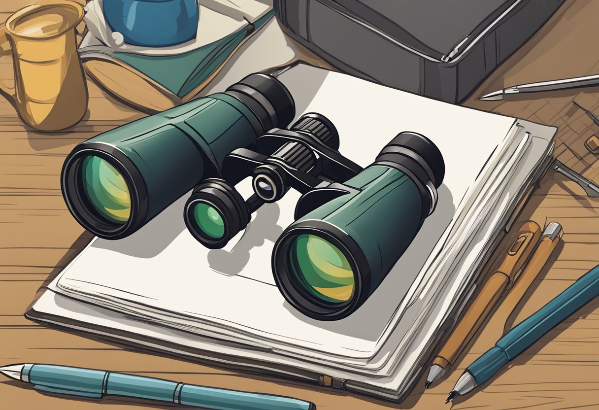 A pair of binoculars pointed at a group of rival businesses, with a notebook and pen ready to jot down observations