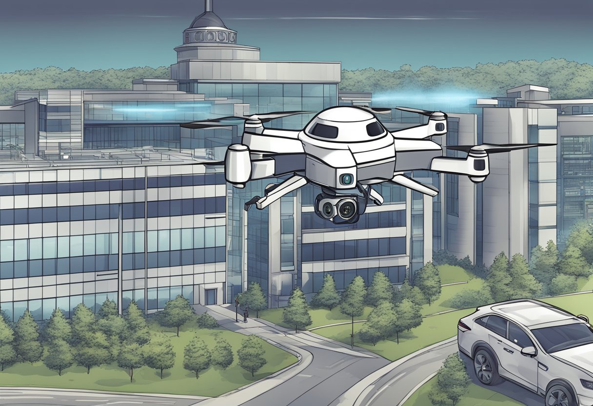 A high-tech surveillance drone hovers over a rival company's headquarters, capturing confidential information and transmitting it back to the scheming corporation