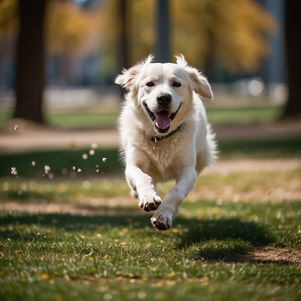 Dogs playing in a variety of city dog parks, with diverse landscapes and amenities. Some parks have grassy fields, others have agility courses or water features. Vibrant and lively atmosphere