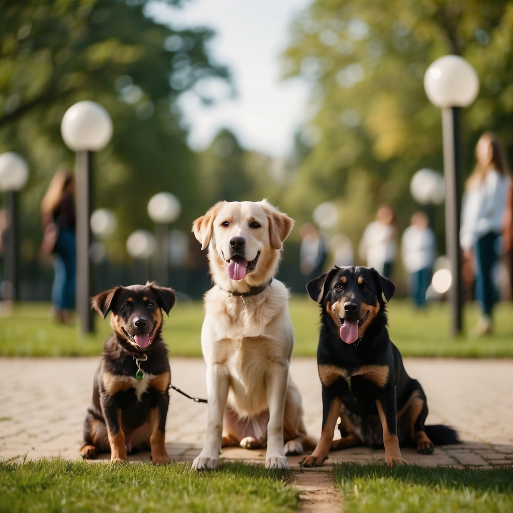 A bustling dog park with various amenities and happy pups. A ranking list displayed prominently, with a mix of urban and natural surroundings