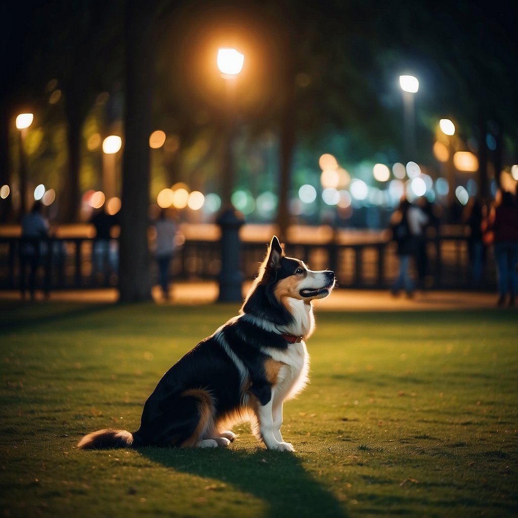 A bustling dog park in a major city, with dogs of all sizes playing and socializing under the glow of a spotlight