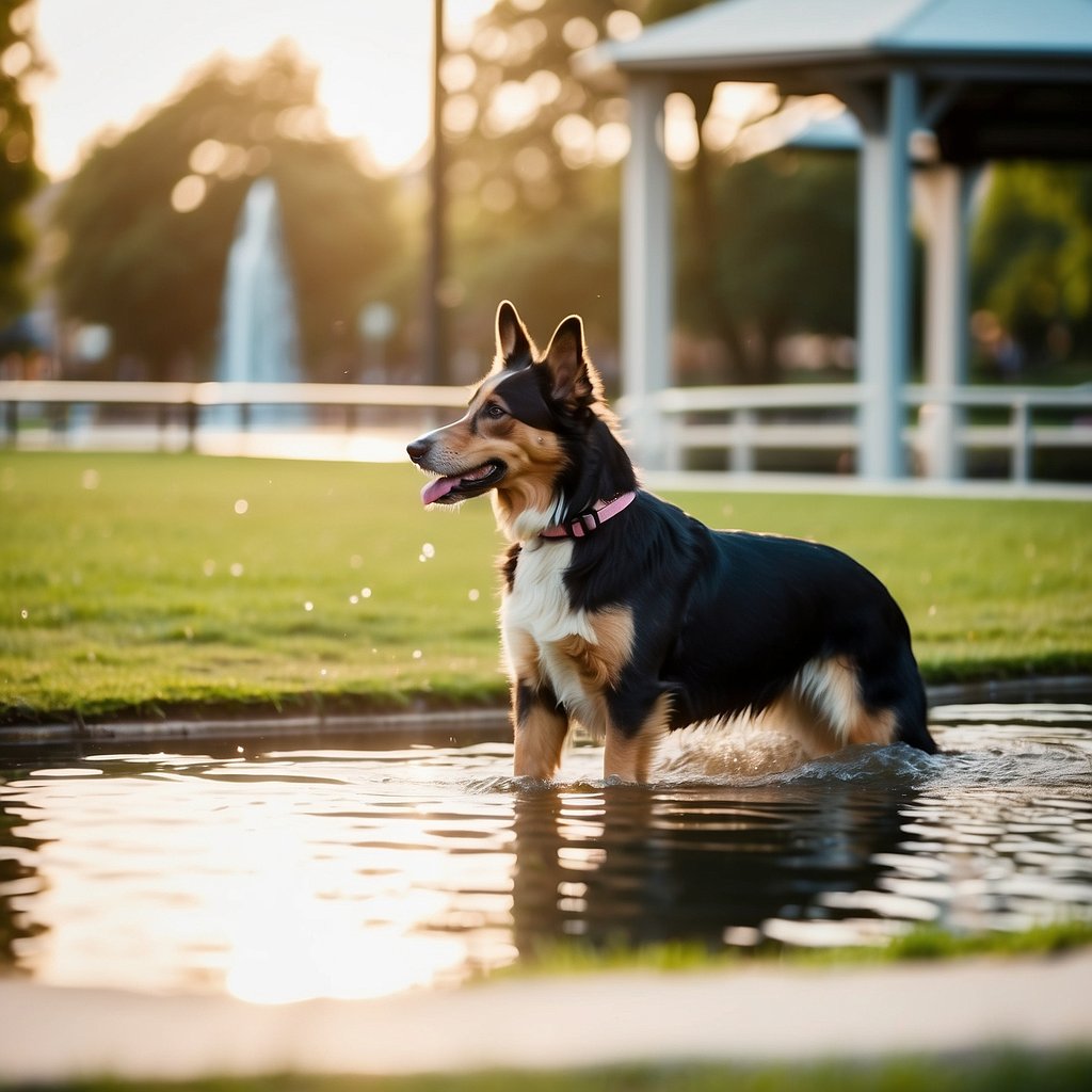 Dogs play in a spacious, grassy area with agility equipment and water features. Owners relax on benches while their pets socialize. A vibrant, welcoming atmosphere sets this park apart