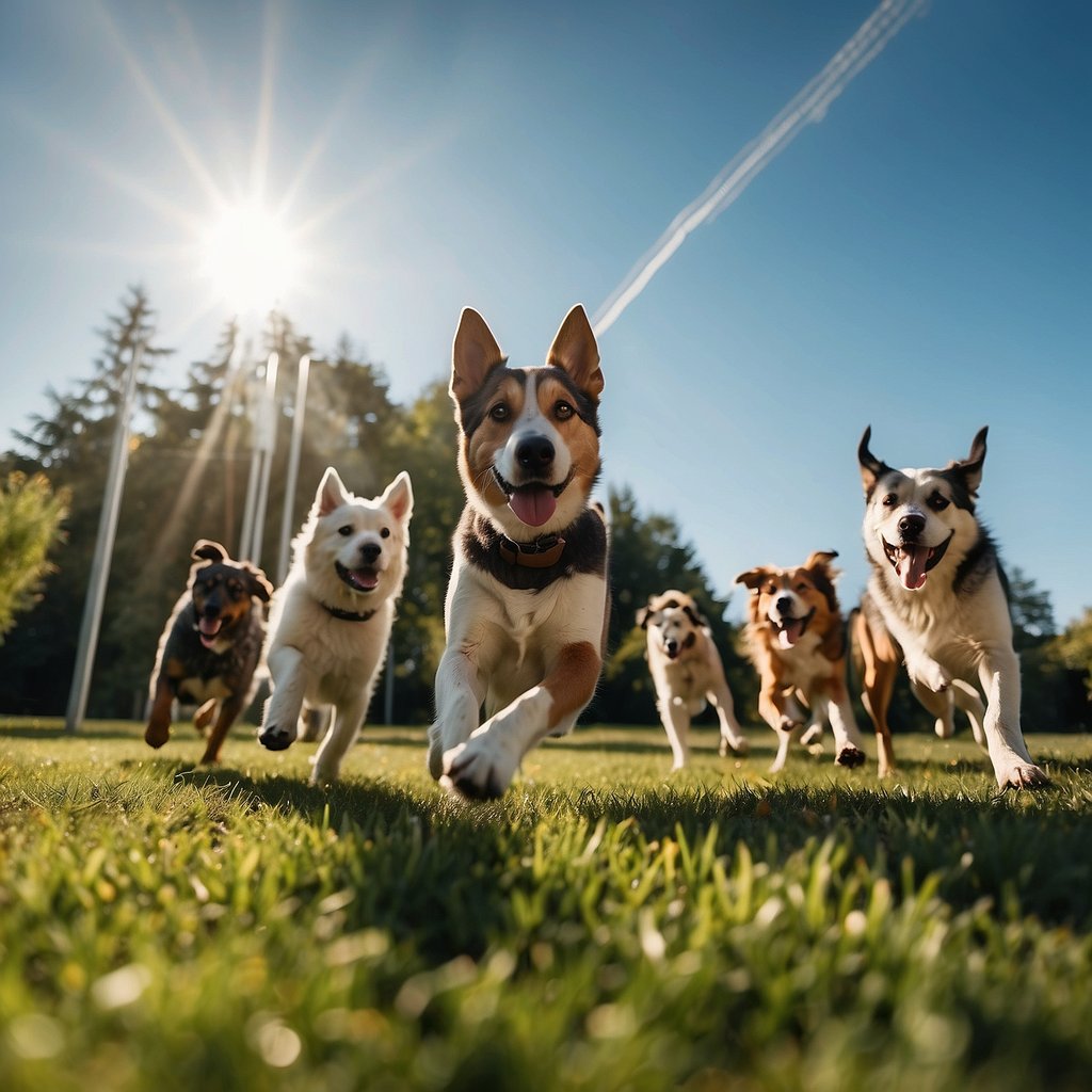 Dogs playing in a spacious, well-maintained park with vibrant green grass and various agility equipment. A diverse group of dogs and their owners enjoying the beautiful, sunny day