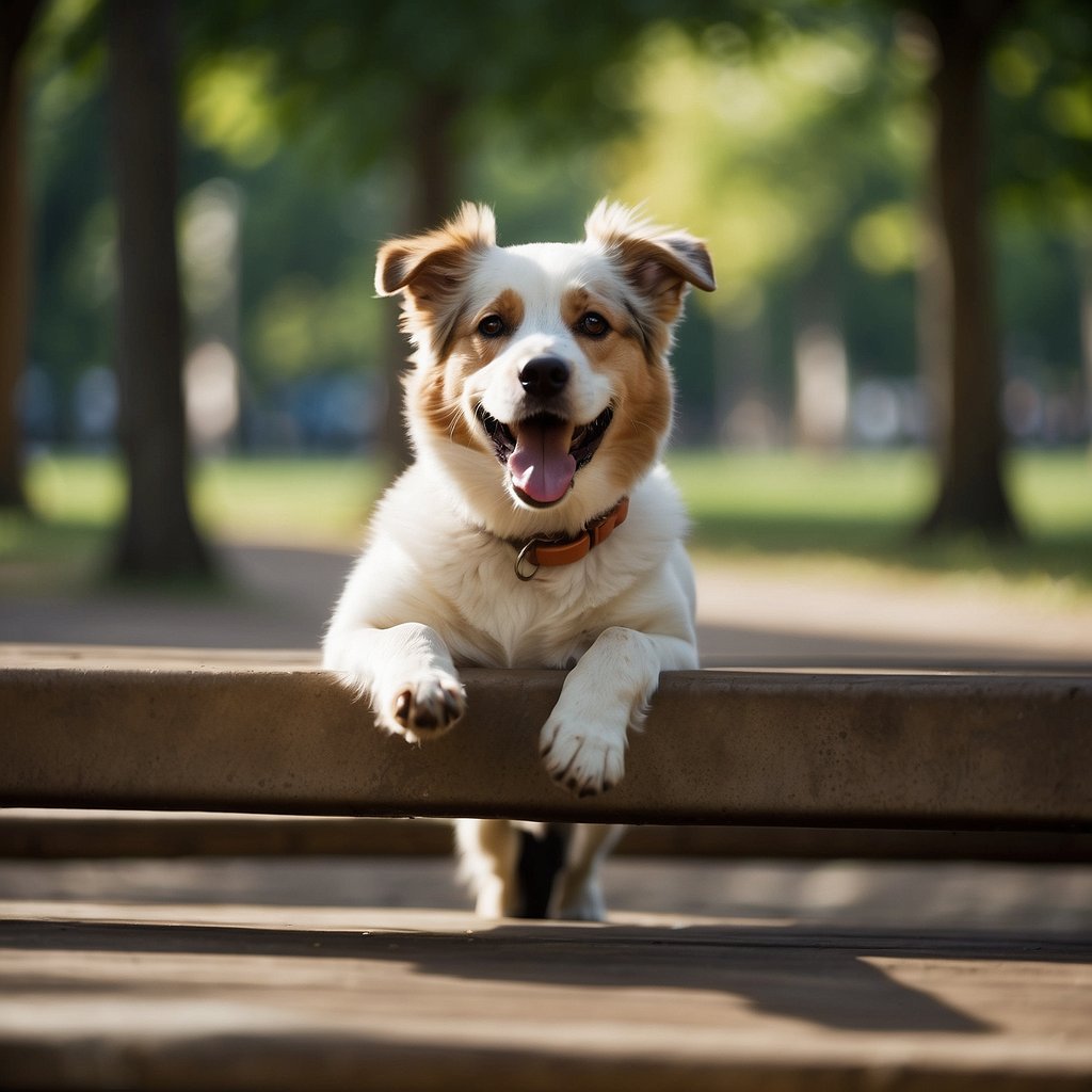 Dogs playing in a spacious park, surrounded by greenery and benches. A variety of breeds interacting and running freely