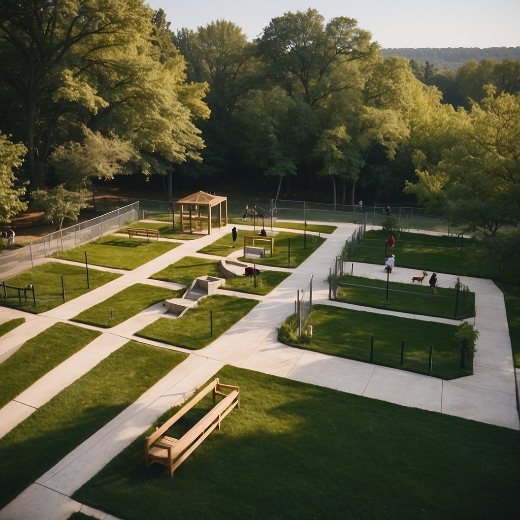 Aerial view of multiple dog parks in Washington, DC. Dogs playing, owners chatting. Greenery, benches, and fenced areas visible