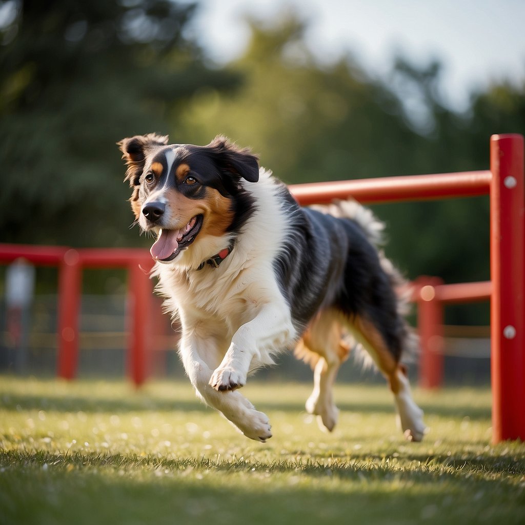 Dogs playing and socializing in a spacious, fenced-in park with agility equipment, water stations, and shaded areas