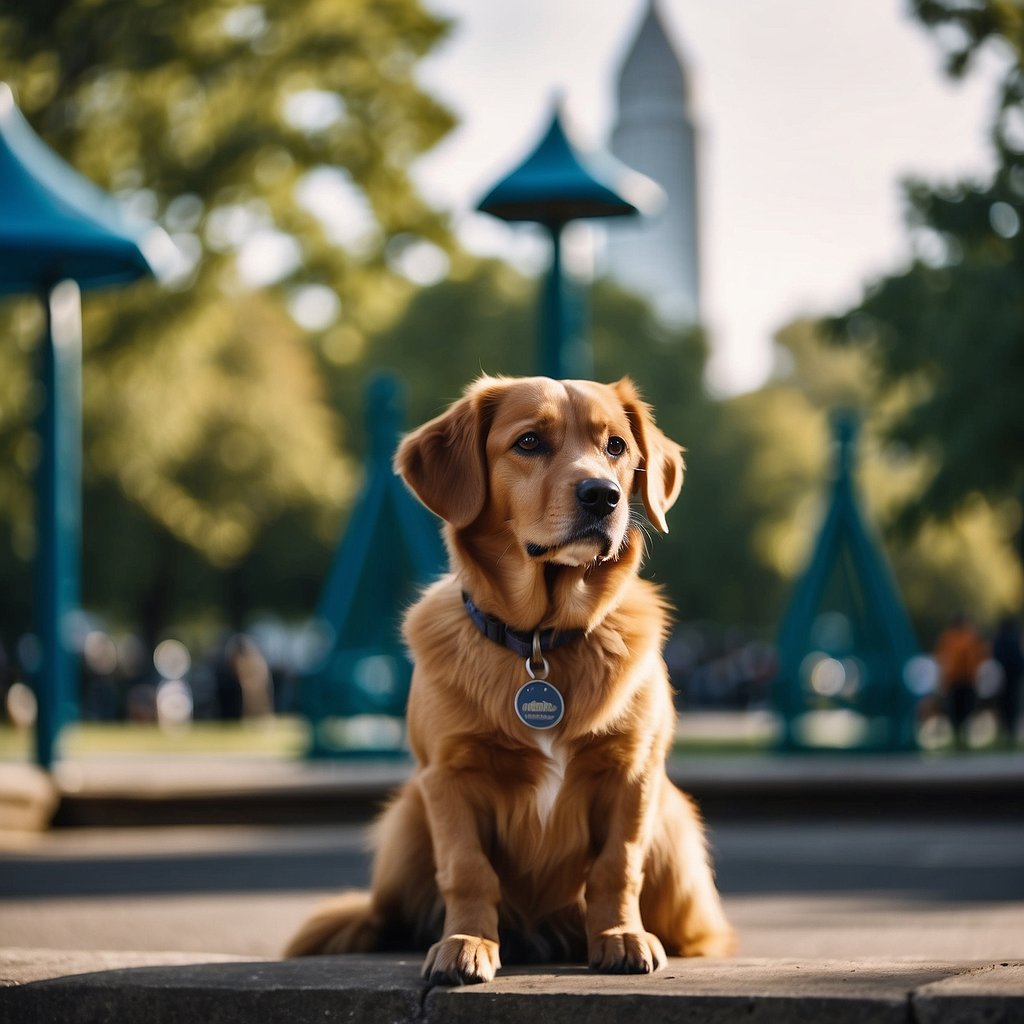 A dog park in Washington, DC, with historic landmarks in the background, showcasing the city's rich history and the joy of dog ownership