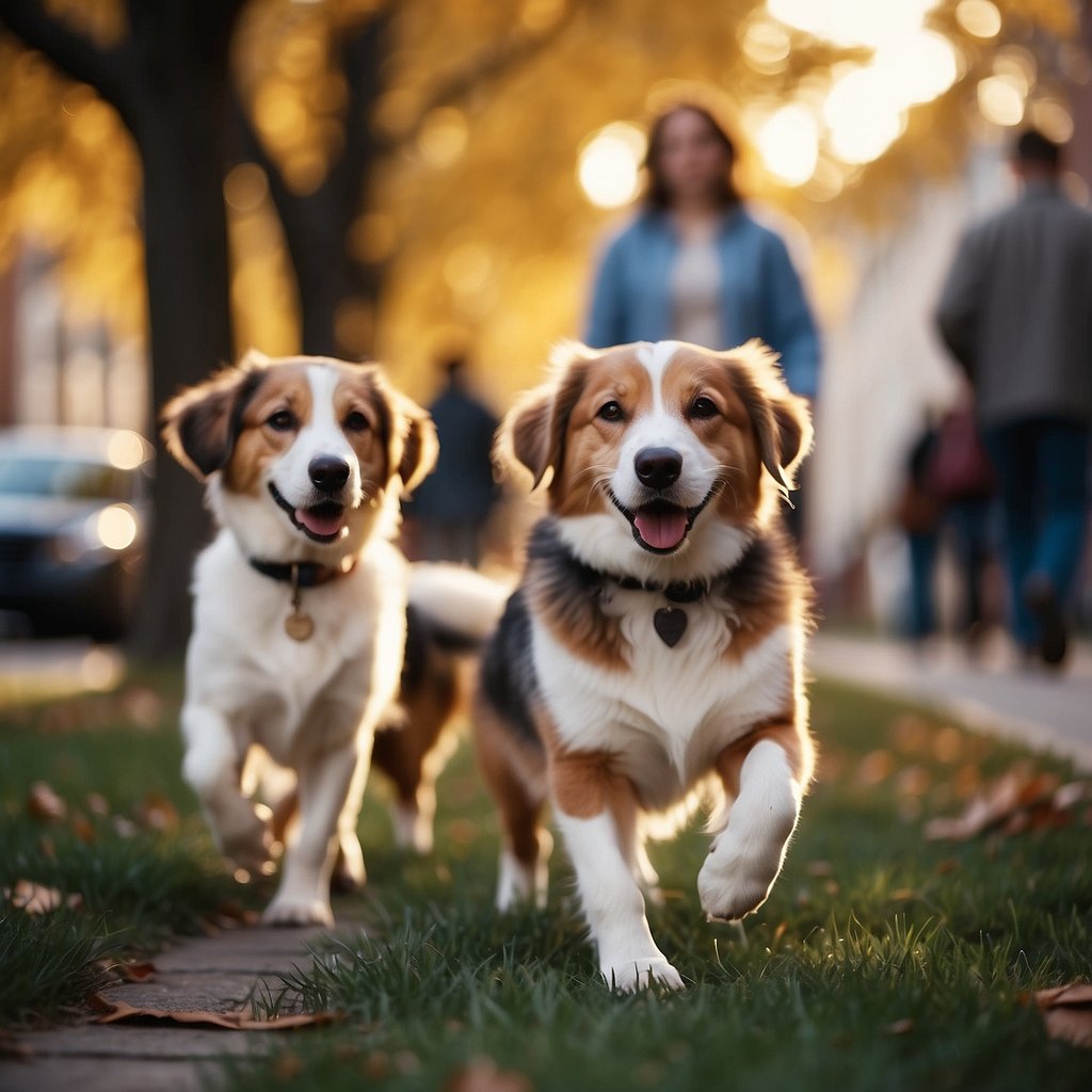 A group of dogs roam freely in a historic Washington, DC neighborhood, symbolizing the dawn of dog companionship in the city