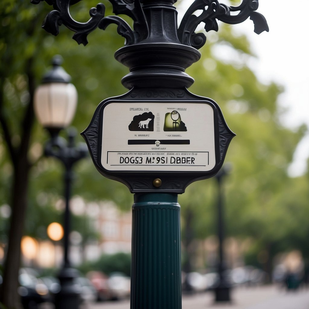 A dog leash hangs from a historic lamppost in Washington, DC. A sign nearby lists regulations and responsibilities for dog ownership