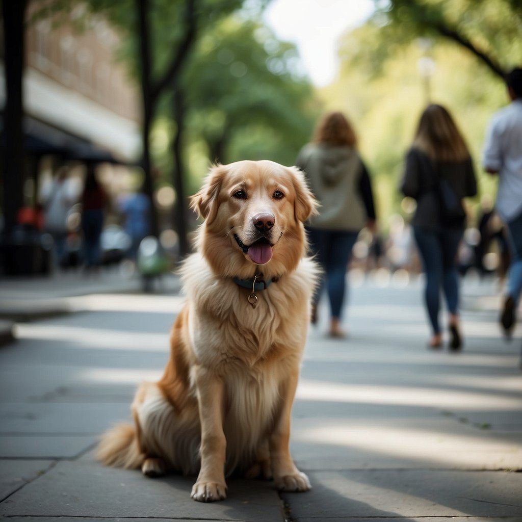 Dogs of various breeds and sizes mingle with people in a bustling Washington, DC neighborhood, creating a sense of community and companionship