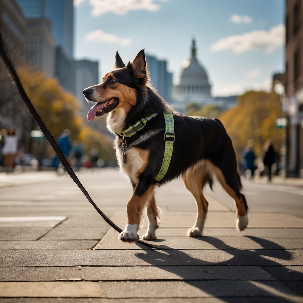 A bustling city street with various breeds of dogs on leashes, owners chatting and walking. Washington, DC landmarks in the background