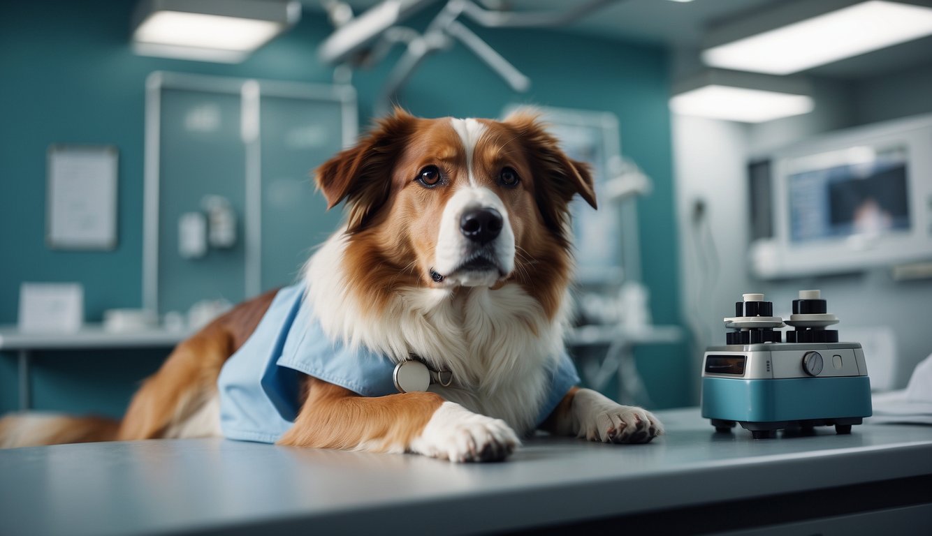 A sick dog lies on a vet's examination table, surrounded by medical equipment. The vet points to a chart showing the complications and prognosis of canine parvovirus