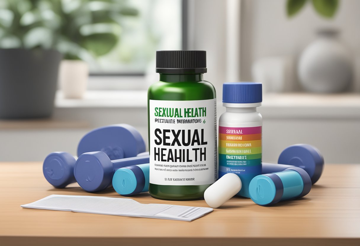 A bottle of dietary supplements next to a workout bench, with a label reading "Sexual Health" and a warning about potential erectile dysfunction