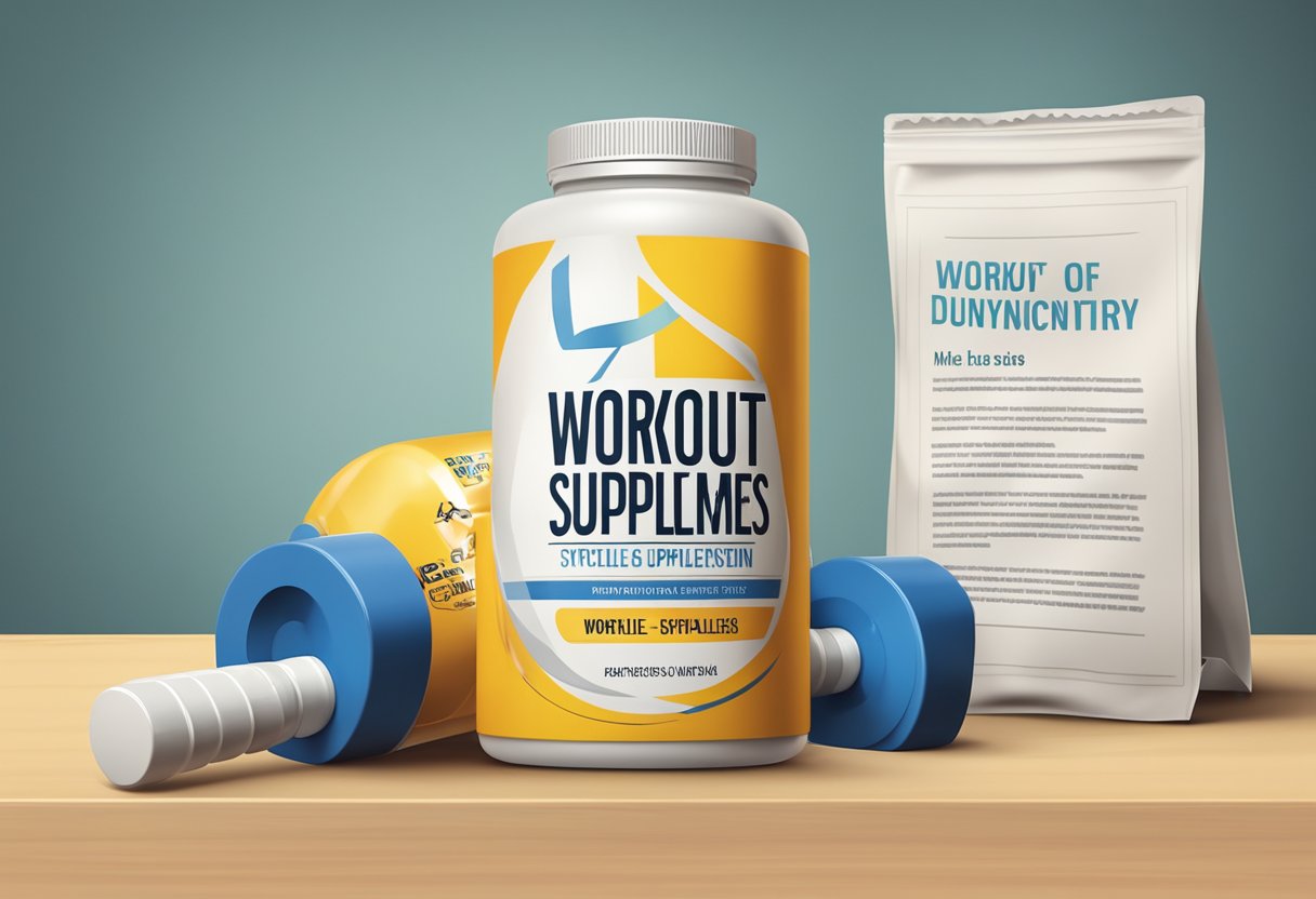 A bottle of workout supplements stands next to a warning sign with a crossed out male symbol, indicating the potential risk of erectile dysfunction