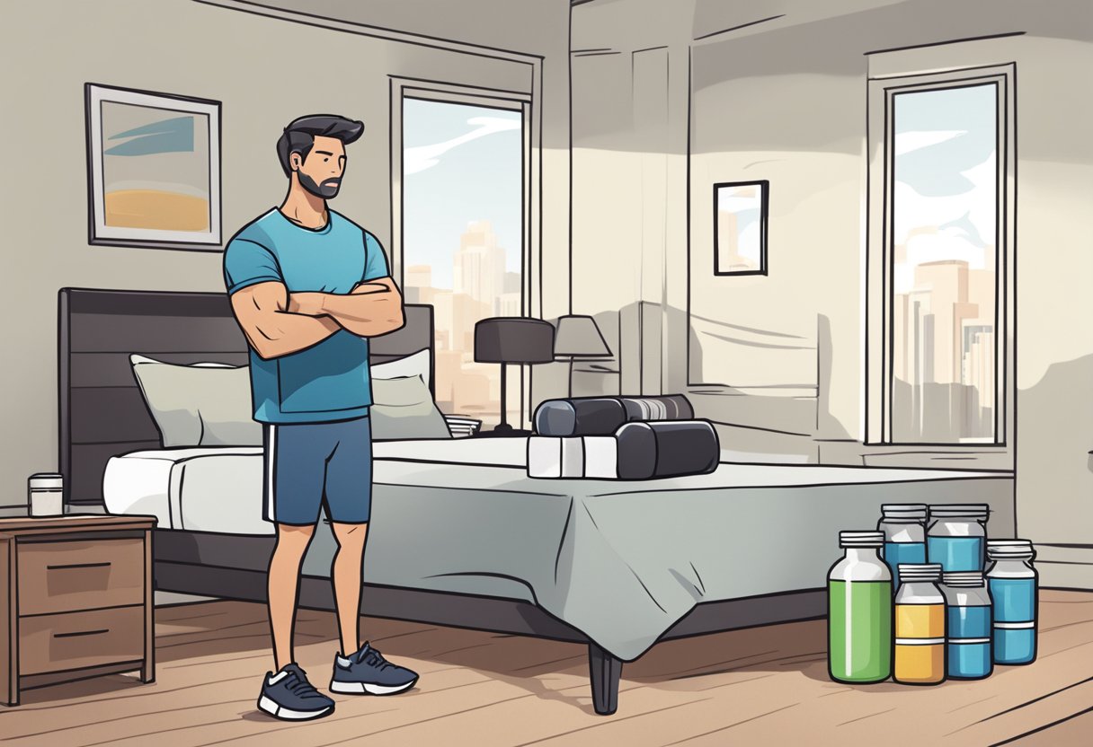 A bottle of workout supplements next to a man's empty bed, with a frustrated expression on his face