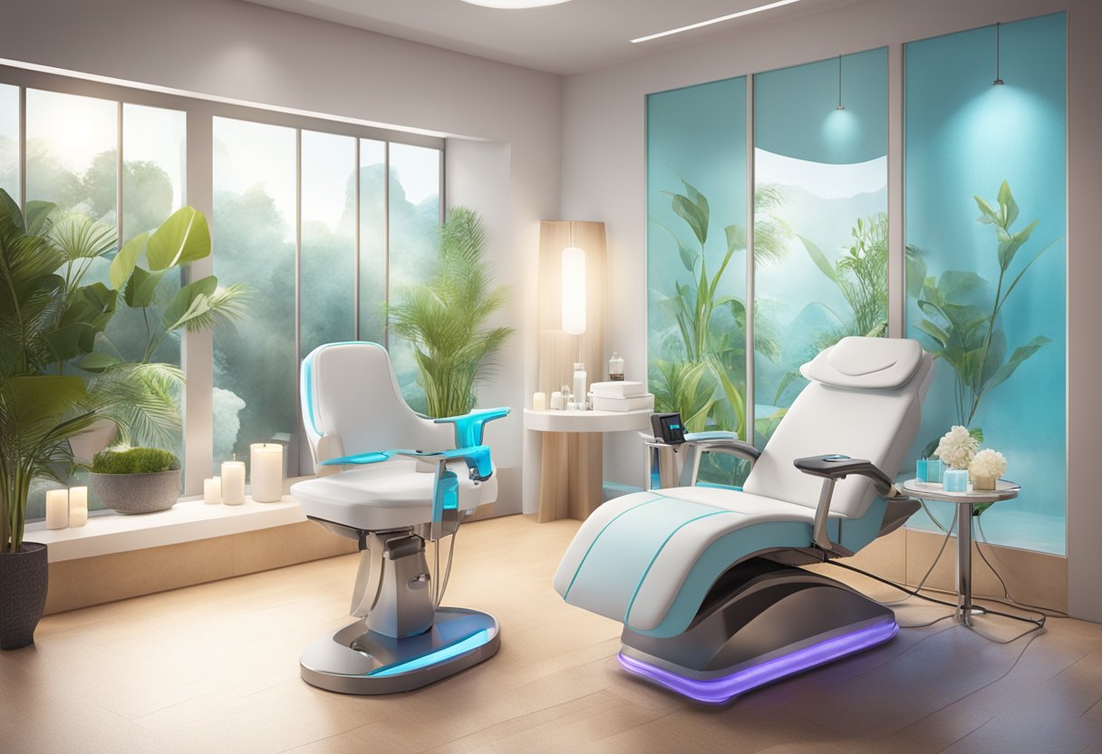 A serene spa room with a comfortable treatment chair, soft lighting, and a sleek Hydrafacial machine in the center