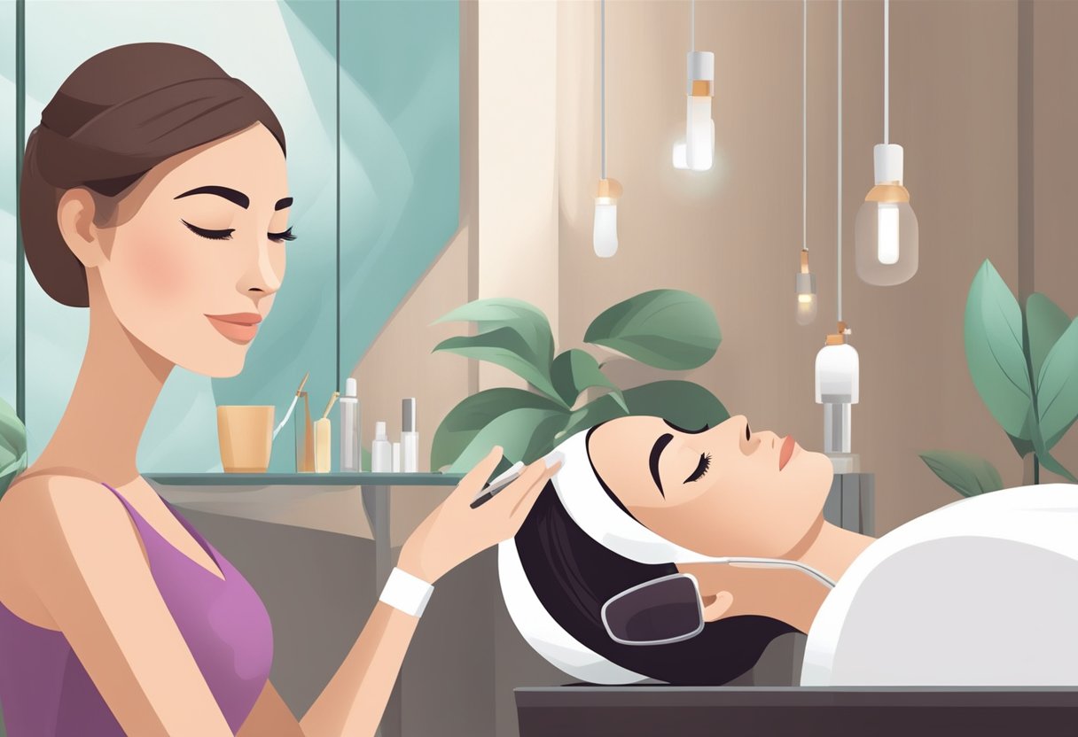 A facialist uses advanced tools and techniques to perform a facial treatment in a modern spa setting