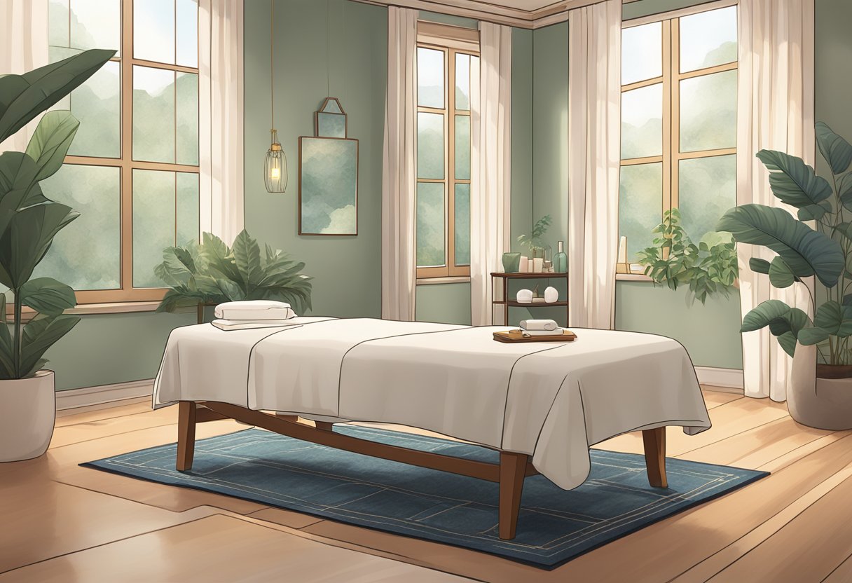 A serene room with dim lighting, soft music, and plush massage tables, surrounded by calming decor and soothing aromas