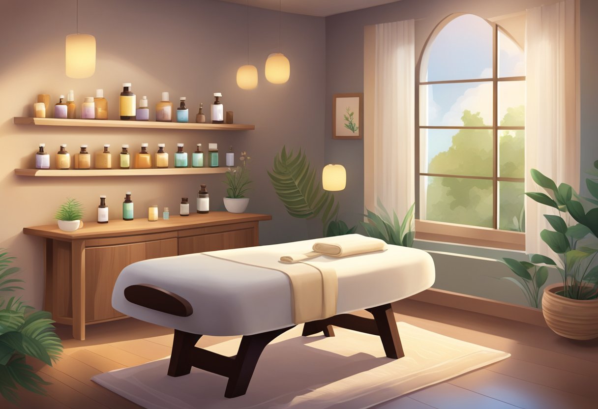 A serene room with soft lighting, a comfortable massage table, and soothing background music. A variety of essential oils and massage lotions displayed on a shelf