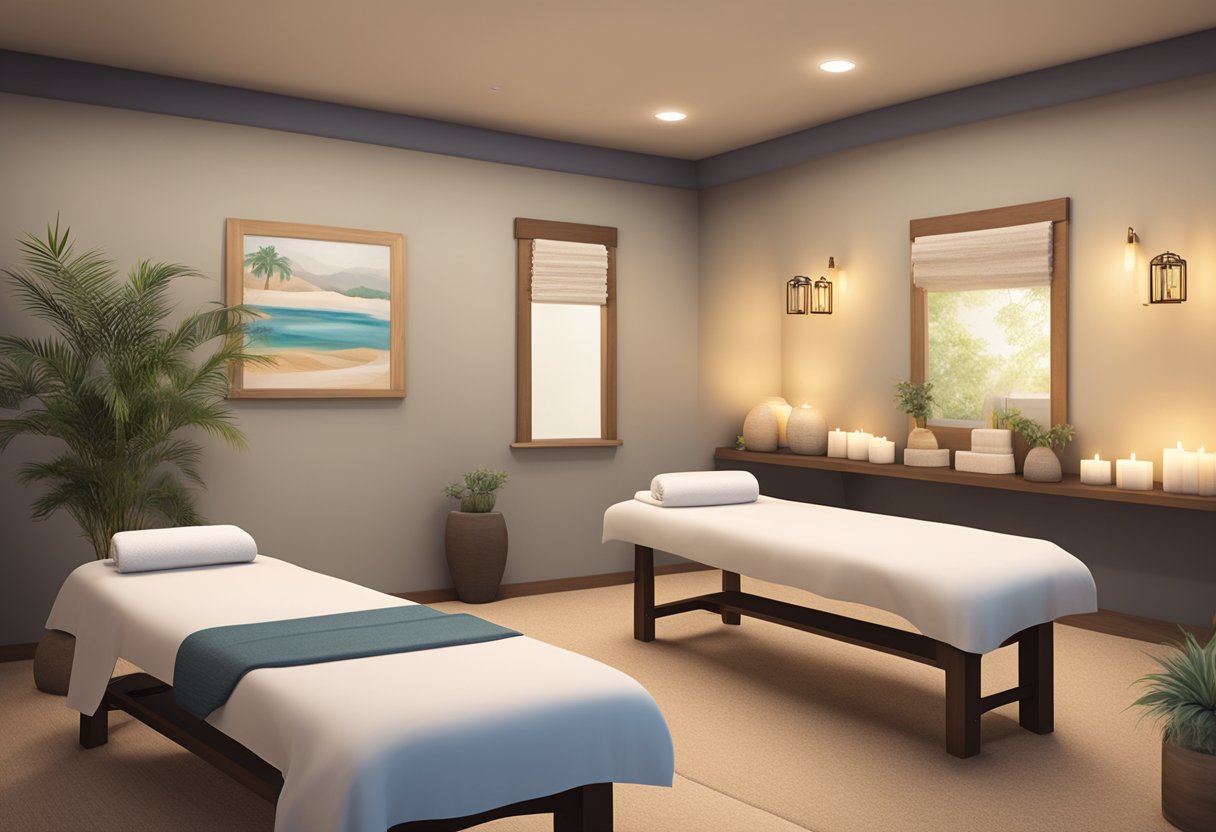 A serene massage studio in Chula Vista, CA with calming décor, soft lighting, and comfortable massage tables arranged for relaxation and rejuvenation