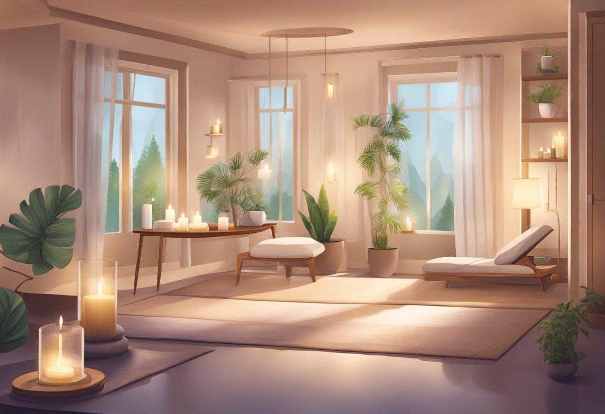 A serene spa room with soft lighting and calming decor. A variety of wellness services are displayed, including aromatherapy, facials, and yoga classes