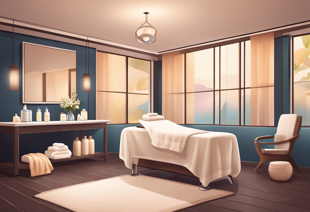 A serene spa room with soft lighting, plush towels, and a comfortable facial chair. A table displays various skincare products and tools. Gentle music plays in the background