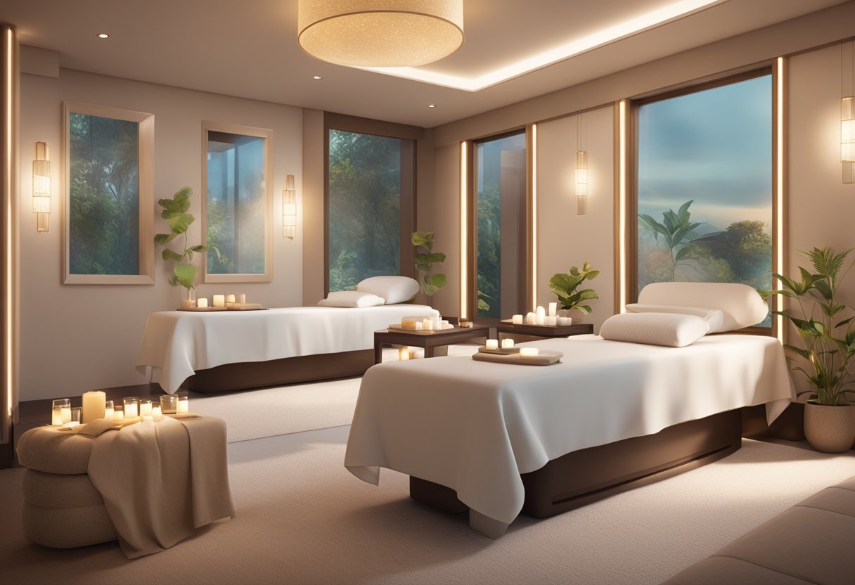 A serene spa room with soft lighting and comfortable seating, displaying various types of facial treatments and skincare products