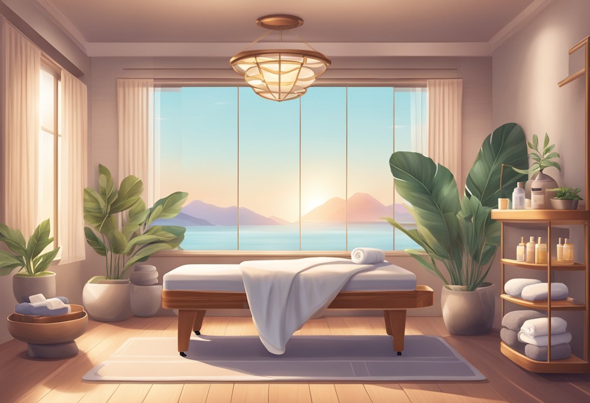 A serene spa room with soft lighting, plush treatment bed, and soothing background music. Aesthetician's tools and products neatly arranged on a trolley