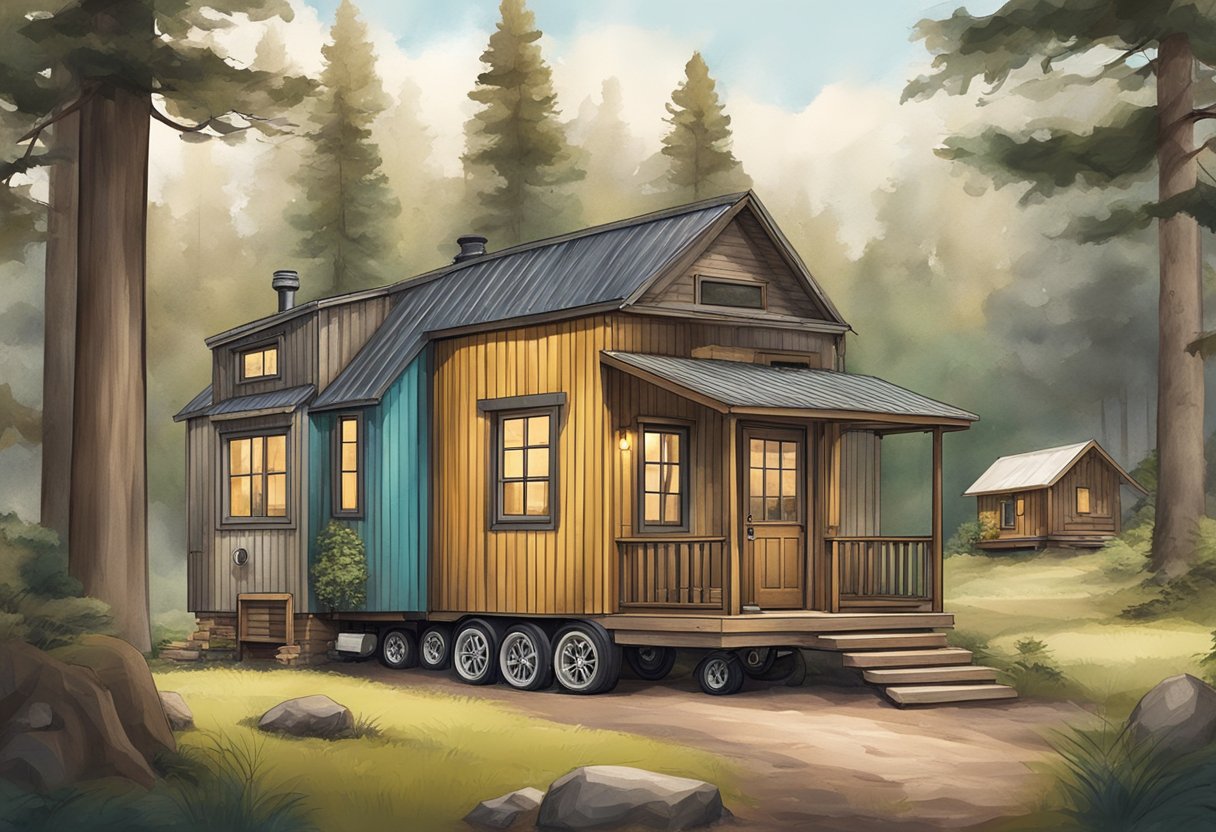 A cozy tiny home sits on wheels, while a rustic cabin stands nestled in the woods