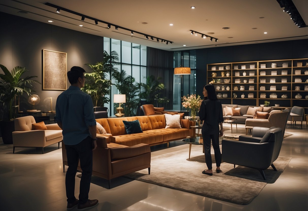 Customers browsing modern furniture, admiring sleek designs and rich textures, while staff assist and offer expertise at Originals furniture store in Singapore