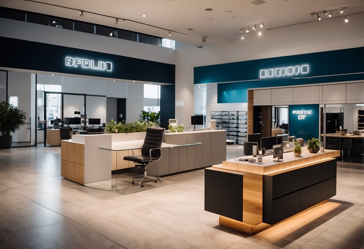 A brightly lit showroom with modern furniture displays and a customer service desk. Brand signage and product tags are visible throughout the space
