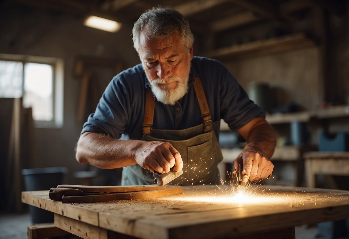 A worn-out wooden chair is being sanded and polished by a craftsman in a well-lit workshop. Various tools and materials for furniture restoration are neatly arranged on the workbench