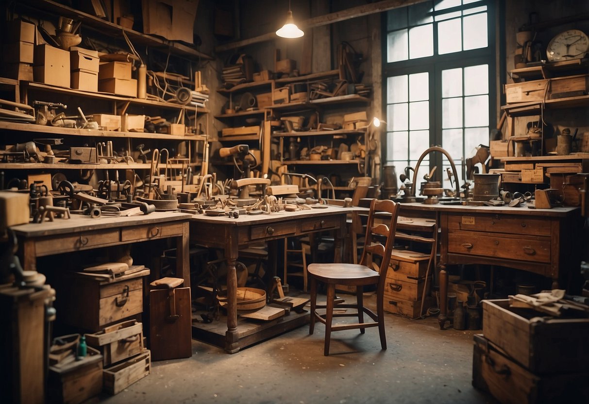 A cluttered workshop with various furniture pieces in different stages of restoration, tools and supplies scattered around. A sign on the wall reads "Frequently Asked Questions furniture restoration singapore."