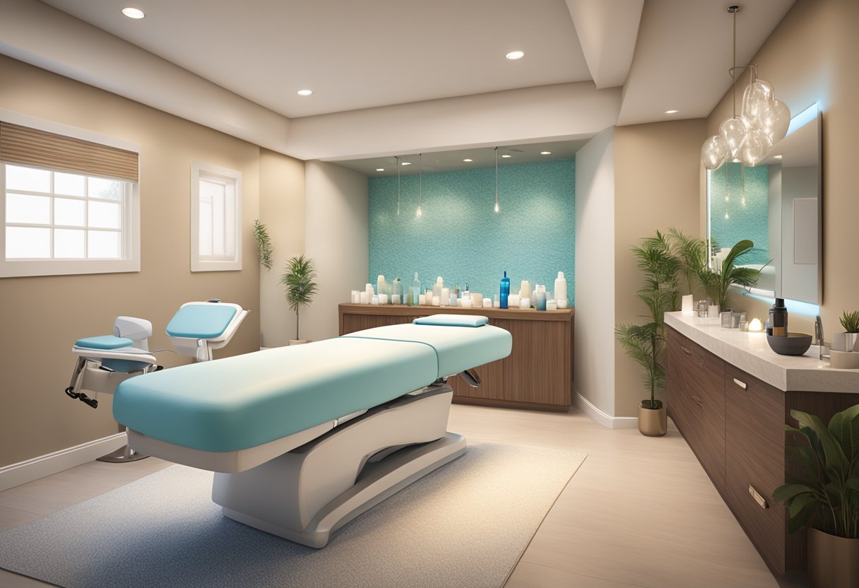 A serene spa room with soft lighting, a comfortable treatment bed, and a sleek Hydrafacial machine at Orissa Spa in Chula Vista