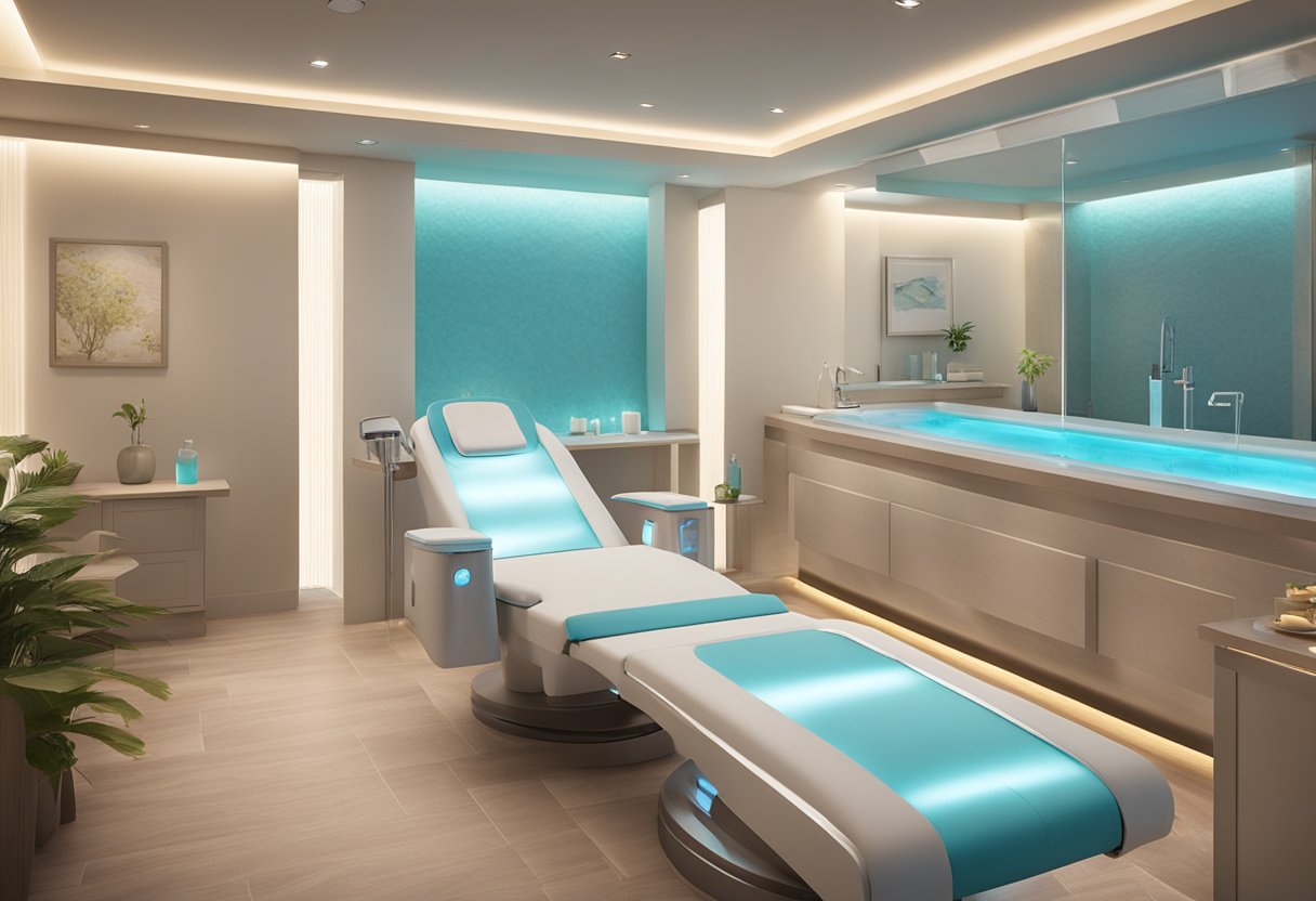 A serene spa room with soft lighting and a luxurious Hydrafacial machine at Orissa SPA in Chula Vista