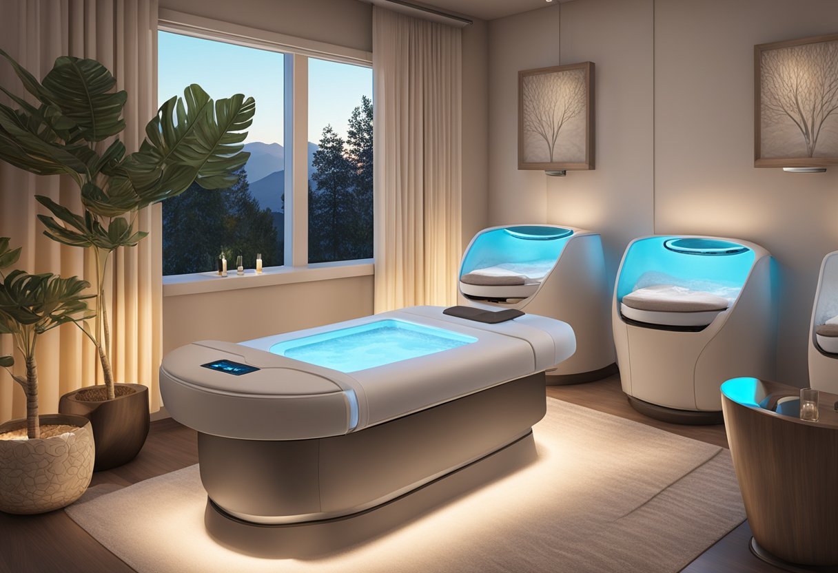 A serene spa room with a luxurious hydrafacial machine, soft ambient lighting, and calming decor at Orissa SPA in Chula Vista