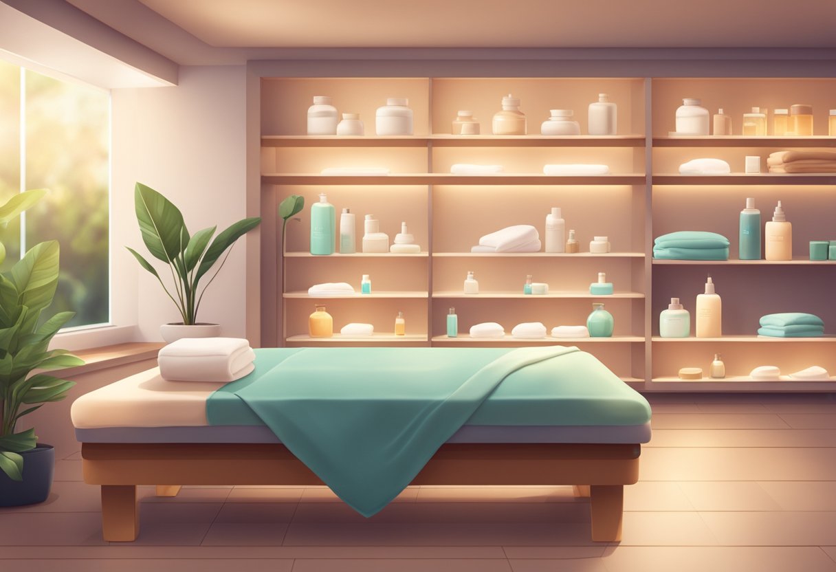 A serene spa room with soft lighting, a comfortable treatment bed, and shelves stocked with skincare products. A tranquil atmosphere with soothing music playing in the background