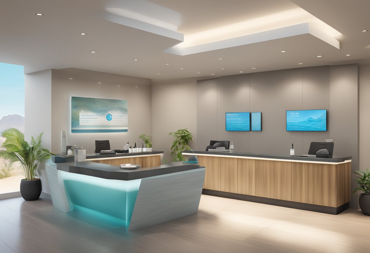 A serene spa reception area with a sleek scheduling system and a prominent display of information about the best Hydrafacial in Chula Vista at Orissa Spa