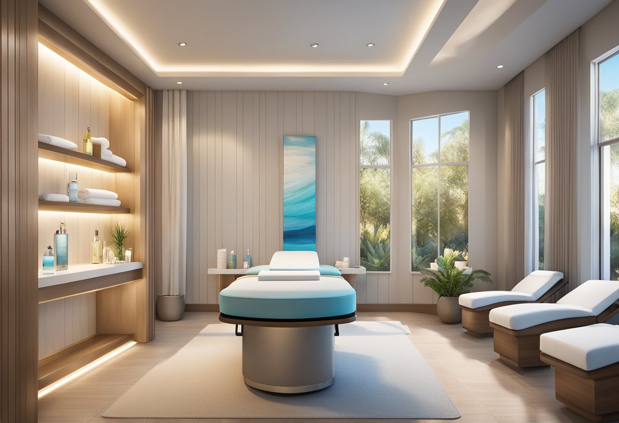 A serene spa room with soft lighting, a comfortable treatment bed, and a sleek HydraFacial machine at Orissa Spa in Bonita, CA