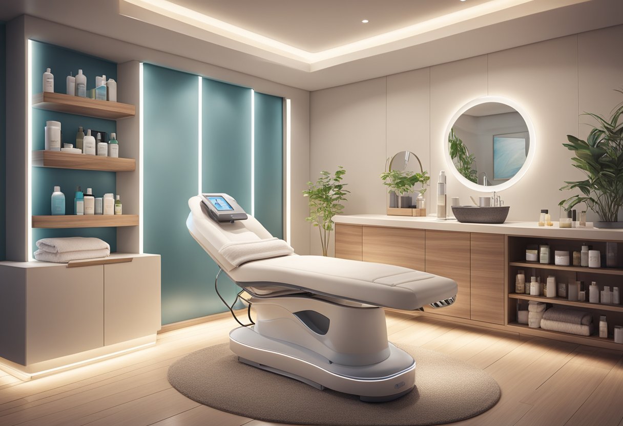 A serene spa room with a modern, comfortable atmosphere. Soft lighting and soothing music create a relaxing ambiance. A Hydrafacial machine sits ready for use, surrounded by luxurious skincare products