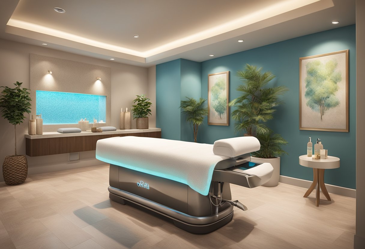 A serene spa room with a luxurious hydrafacial machine, soft lighting, and calming decor at Orissa SPA in Bonita, CA