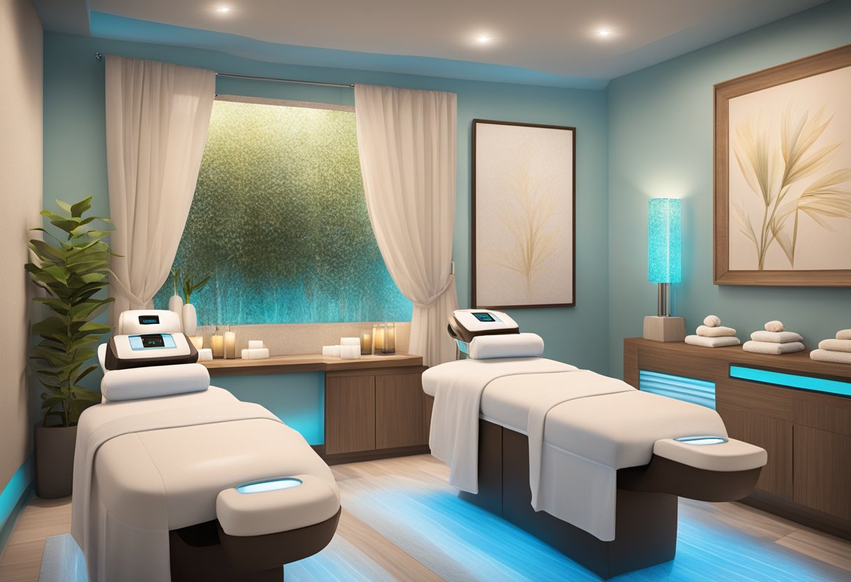 A serene spa room with a Hydrafacial machine, soft lighting, and calming decor at Orissa SPA in Bonita, CA