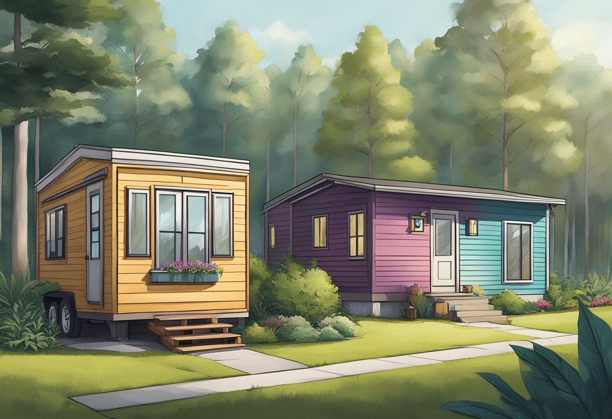 A tiny home sits nestled in a lush forest, while a manufactured home stands in a suburban neighborhood