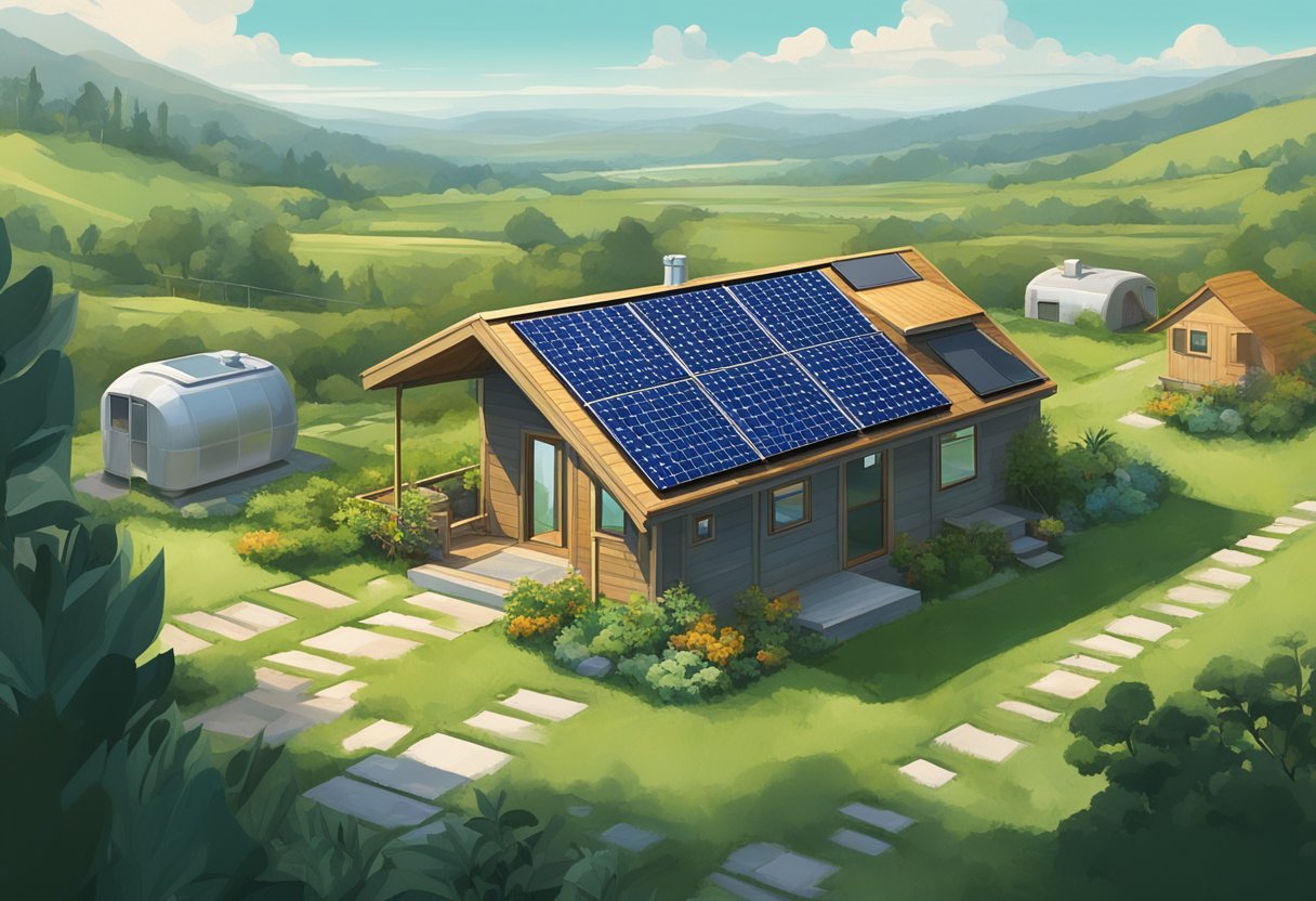 A tiny home sits nestled in a lush, green landscape, surrounded by solar panels and a small garden. Nearby, a manufactured home looms over a barren, deforested area, with smokestacks in the distance