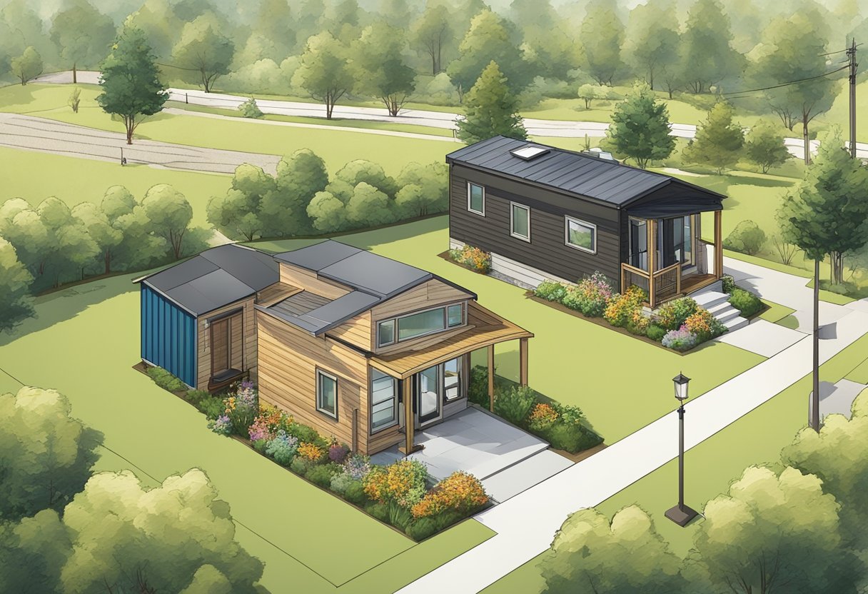 A tiny home sits on a lush green plot of land, while a manufactured home is positioned in a neatly organized community. The tiny home features a rustic exterior, while the manufactured home has a modern, sleek design