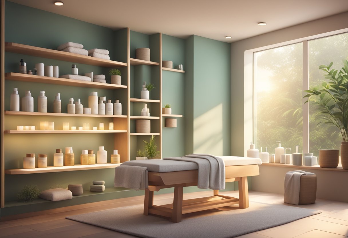 A serene spa room with soft lighting, a comfortable treatment bed, and a shelf filled with skincare products. A tranquil atmosphere with a focus on relaxation and rejuvenation