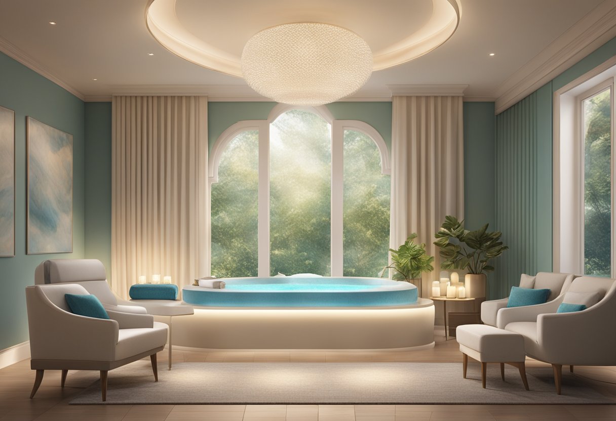 A serene spa room with soft lighting, plush seating, and a tranquil ambiance. A calming atmosphere with a hint of luxury for a relaxing hydrafacial experience