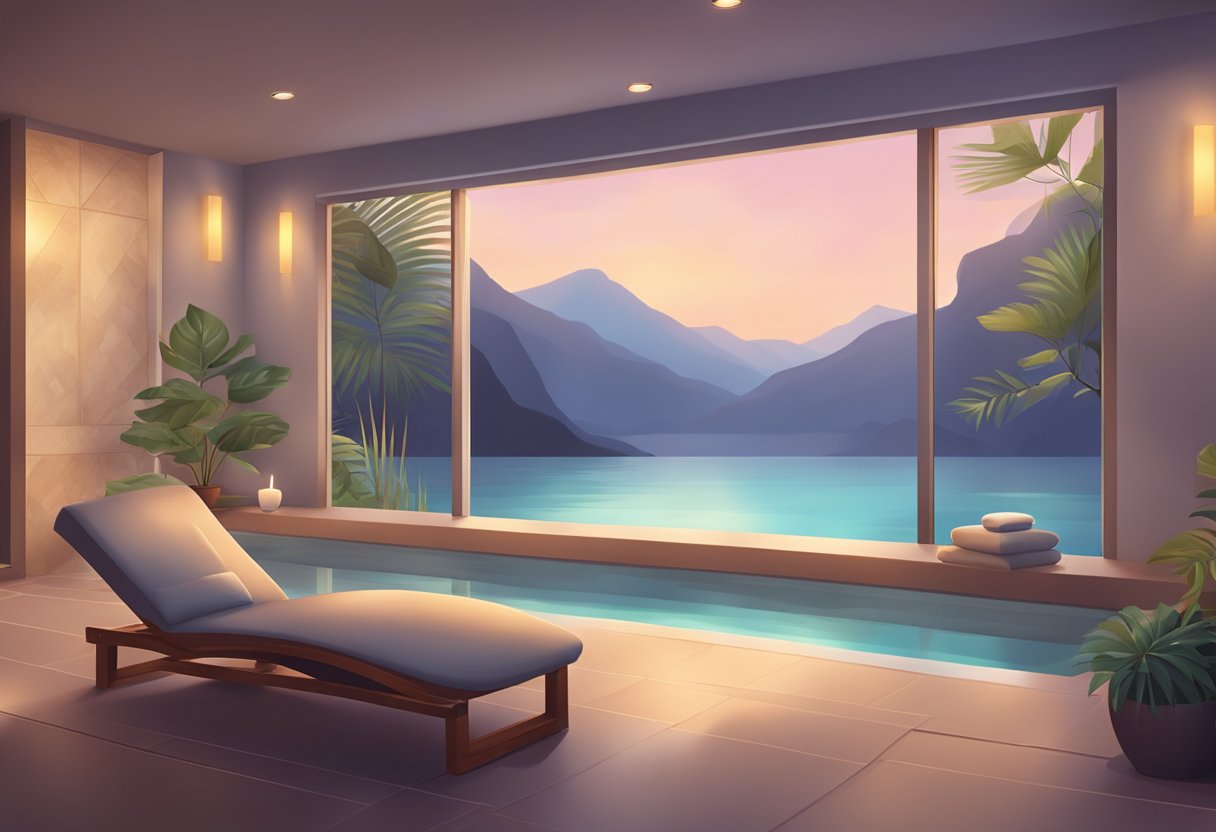 A serene spa room with soft lighting, comfortable seating, and soothing decor. A tranquil atmosphere with a focus on relaxation and rejuvenation