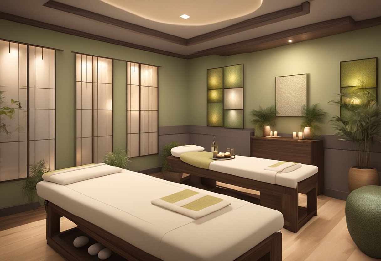 A serene spa room with soft lighting, a comfortable facial bed, and soothing decor at Orissa SPA in Chula Vista