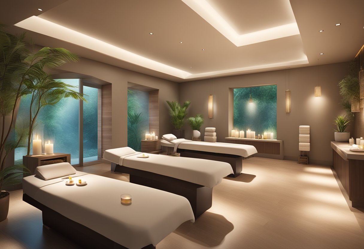 A serene, modern spa with soft lighting, plush seating, and soothing music. Aromatherapy scents fill the air, and a sign reads "Orissa Advantage Best Facial SPA."